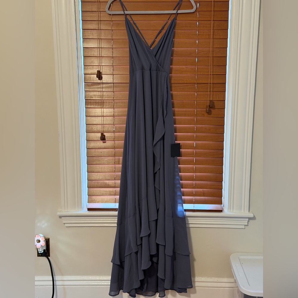 Lulu's Slate Blue V-Neck Ruffle-Trim Maxi Dress